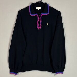 Teddy Fresh Black Polo Sweatshirt Fuzzy Trim Blue Pink Collar Size M